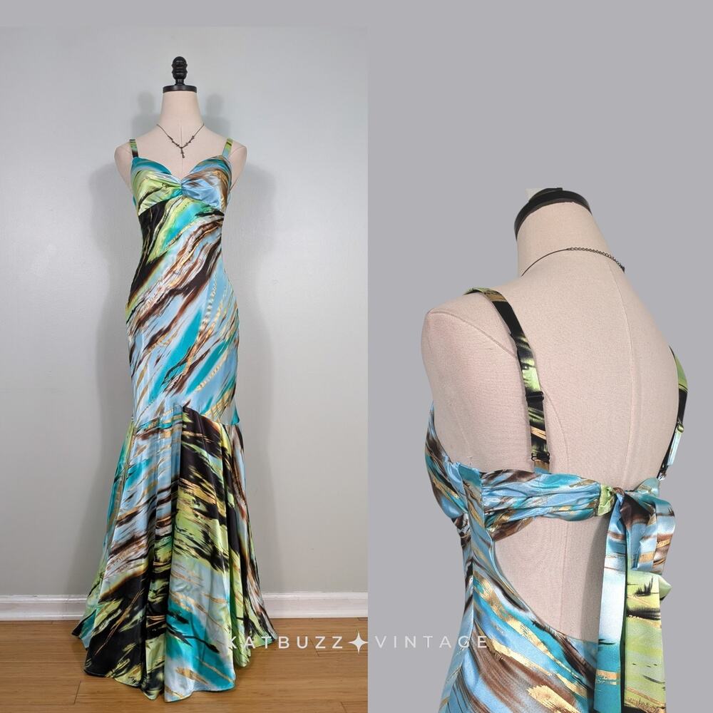 Vintage Y2K Prom Dress Maxi Gown 4 Blue Green Glam Silk Guest Birthday Mermaid